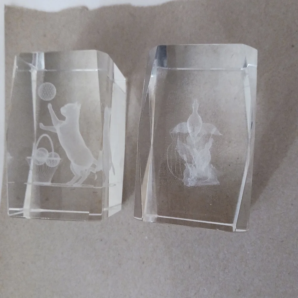 1#Crystal Glass Blocks with Etched Designs Cat&birds Heavy Paperweights - Picture 1 of 8